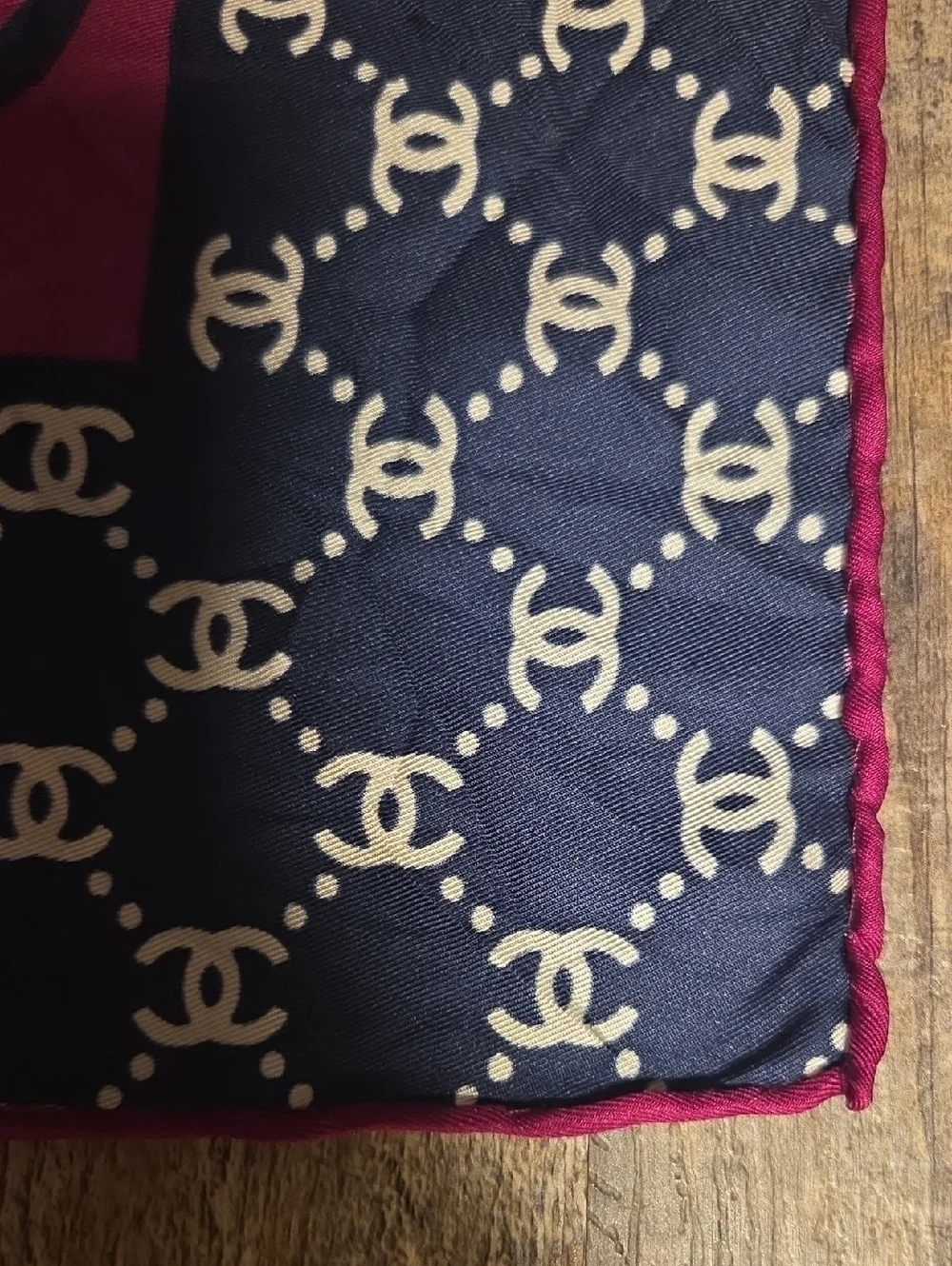 Chanel CC Monogram Navy Blue, White, Purple Silk Scarf 34x34 Inches - Picture 14 of 17